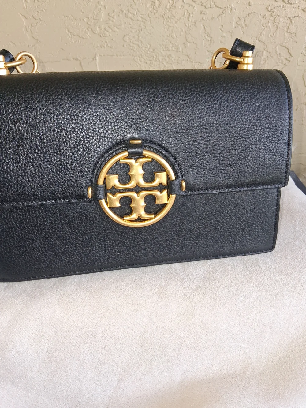 Tory Burch Black Pebbled Leather Shoulder Bag with Gold Hardware